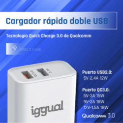 iggual Cargador doble 2xUSB carga rápida QC3.0 30W